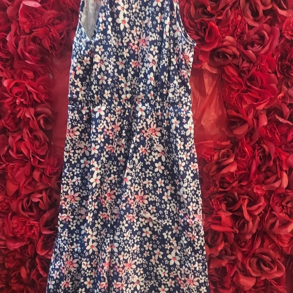 SO Girls Hi Lo Maxi Dress Tank Straps Racerback Style Navy/ White Flowers